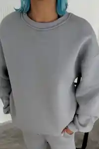 Kadın Bisiklet Yaka 3 İplik Pamuklu Basic SweatShirt - Gri