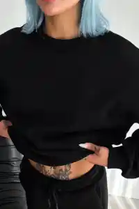 Kadın Bisiklet Yaka 3 İplik Pamuklu Basic SweatShirt - Siyah