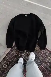Kadın Bisiklet Yaka 3 İplik Pamuklu Basic SweatShirt - Siyah