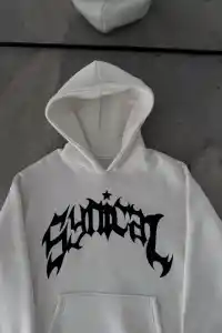 Erkek Kapüşonlu Kanguru Cepli Sweatshirt 3 İplik Pamuklu Baskılı Hoodie - Beyaz