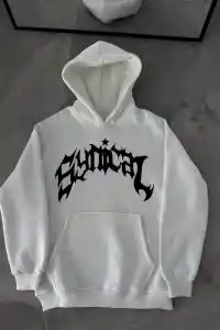 Erkek Kapüşonlu Kanguru Cepli Sweatshirt 3 İplik Pamuklu Baskılı Hoodie - Beyaz