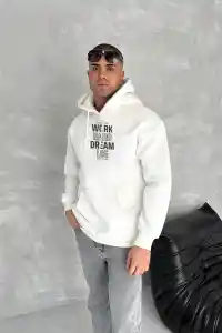 Erkek Kapüşonlu Kanguru Cepli Sweatshirt 3 İplik Pamuklu Baskılı Hoodie - Beyaz