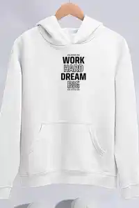 Kadın Oversize Kapüşonlu Cepli Baskılı 3 İplik Pamuklu Hoodie Sweatshirt - Beyaz