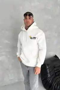 Erkek Kapüşonlu Kanguru Cepli Sweatshirt 3 İplik Pamuklu Baskılı Hoodie - Beyaz