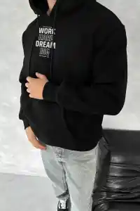 Erkek Kapüşonlu Kanguru Cepli Sweatshirt 3 İplik Pamuklu Baskılı Hoodie - Siyah