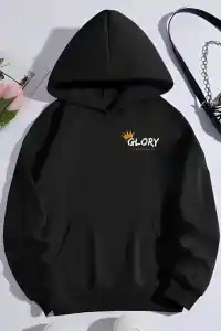 Kadın Oversize Kapüşonlu Kanguru Cepli Baskılı 3 İplik Pamuklu Sweatshirt Hoodie -   Siyah
