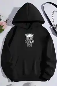 Kadın Oversize Kapüşonlu Cepli Baskılı 3 İplik Pamuklu Hoodie Sweatshirt - Siyah