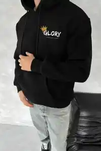 Erkek Kapüşonlu Kanguru Cepli Sweatshirt 3 İplik Pamuklu Baskılı Hoodie - Siyah