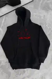 Kadın Oversize Kapüşonlu Cepli Baskılı 3 İplik Pamuklu Hoodie Sweatshirt - Siyah