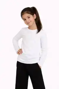 Kız Çocuk Basic Uzun Kollu Tişört Okul Günlük Rahat T-Shirt - Beyaz