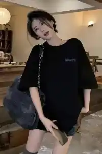 Kadın Tişört Newtro Baskılı Oversize Bisiklet Yaka T-shirt - Siyah