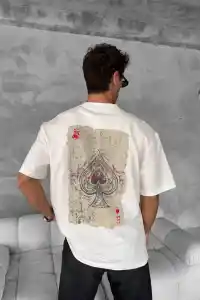ERKEK Tişört Kısa kol Ön ve Arka Baskılı Oversize Bisiklet Yaka T-Shirt - Beyaz