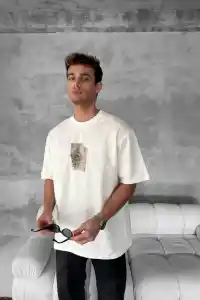 ERKEK Tişört Kısa kol Ön ve Arka Baskılı Oversize Bisiklet Yaka T-Shirt - Beyaz
