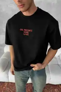 Erkek Ön ve Arka Baskılı T-Shirt Kısa Kol Bisiklet Yaka Regular Fit Tişört - Siyah