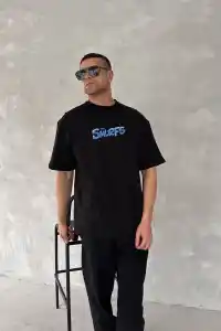 Erkek Ön ve Arka Baskılı T-Shirt Kısa Kol Bisiklet Yaka Regular Fit Tişört - Siyah