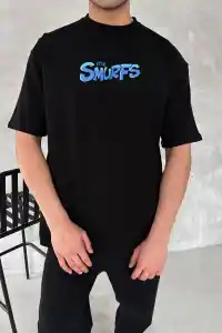 Erkek Ön ve Arka Baskılı T-Shirt Kısa Kol Bisiklet Yaka Regular Fit Tişört - Siyah