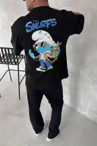 Erkek Ön ve Arka Baskılı T-Shirt Kısa Kol Bisiklet Yaka Regular Fit Tişört - Siyah