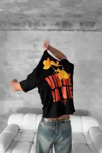 Erkek Ön ve Arka Baskılı T-Shirt Kısa Kol Bisiklet Yaka Regular Fit Tişört - Siyah
