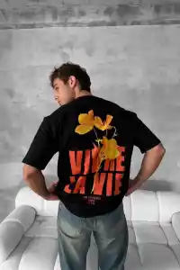 Erkek Ön ve Arka Baskılı T-Shirt Kısa Kol Bisiklet Yaka Regular Fit Tişört - Siyah