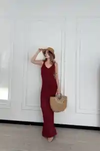 Kadın Örgülü Uzun Triko Elbise - Bordo