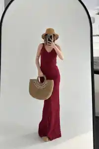 Kadın Örgülü Uzun Triko Elbise - Bordo