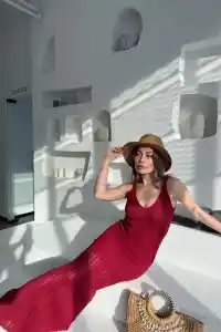 Kadın Örgülü Uzun Triko Elbise - Bordo