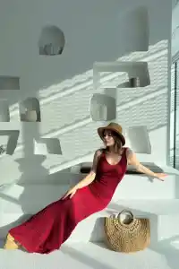 Kadın Örgülü Uzun Triko Elbise - Bordo
