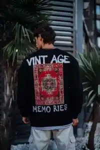 Erkek Bisiklet Yaka 3 İplik Pamuklu Baskılı SweatShirt - Siyah