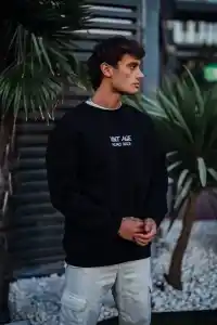 Erkek Bisiklet Yaka 3 İplik Pamuklu Baskılı SweatShirt - Siyah