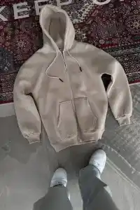 Kadın 3 İplik Pamuklu Kapüşonlu Kanguru Cepli Baskılı Oversize Hoodie Sweatshirt - Bej