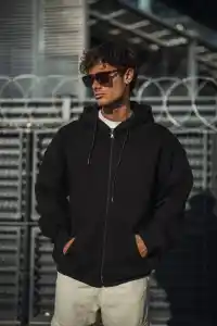 Erkek Tam Fermuarlı Cepli Kapüşonlu 3 iplik pamuklu hoodie Sweatshirt - Siyah