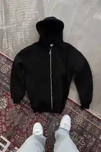 Kadın Tam Fermuarlı Cepli Kapüşonlu 3 iplik pamuklu hoodie Sweatshirt - Siyah