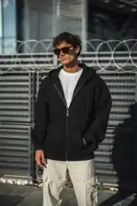 Erkek Tam Fermuarlı Cepli Kapüşonlu 3 iplik pamuklu hoodie Sweatshirt - Siyah