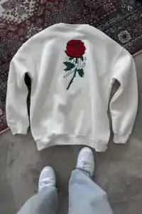 Kadın 3 iplik Pamuklu Bisiklet Yaka GÜL Baskılı SweatShirt - BeyazBeyaz