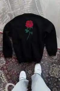 Kadın Oversize Kapüşonlu Cepli GÜL Baskılı 3 İplik Pamuklu Hoodie Sweatshirt - Siyah