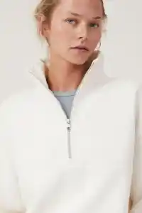 Kadın 3 İplik Pamuklu Oversize Yarım Fermuarlı Yakalı Basic Sweatshirt - Beyaz