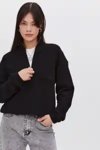 Kadın 3 İplik Pamuklu Oversize Yarım Fermuarlı Yakalı Basic Sweatshirt - Siyah