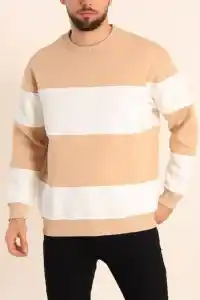 Erkek 3 iplik pamuklu Parçalı Bisiklet Yaka SweatShirt - Bej