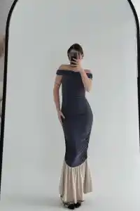 Kadın Striptiz Omuzlu Uzun Elbise- Füme