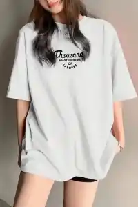 Kadın Baskılı Tişört Bisiklet yaka yazlık Kısa Kol oversize t-shirt - Beyaz