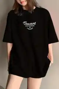 Kadın Baskılı Tişört Bisiklet yaka yazlık Kısa Kol oversize t-shirt - Siyah