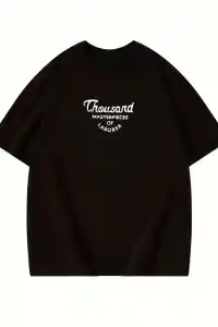 Kadın Baskılı Tişört Bisiklet yaka yazlık Kısa Kol oversize t-shirt - Siyah