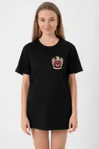 Türk Arma Baskılı Oversize Bisiklet Yaka Günlük T-shirt - Siyah