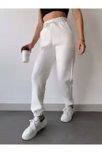 Kadın 3 iplik Pamuklu Paça Lastikli Eşofman Pantolon - Beyaz
