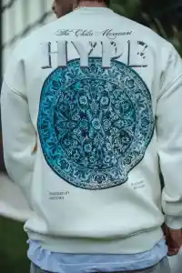 Erkek 3 İplik Pamuklu Bisiklet Yaka Baskılı SweatShirt - Beyaz