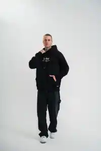 Erkek 3 İplik Pamuklu Kapüşonlu Baskılı Cepli Oversize Sweatshirt Hoodie - Siyah
