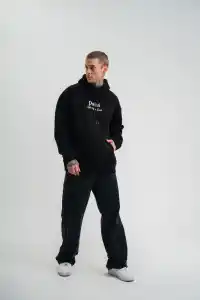 Erkek 3 İplik Pamuklu Kapüşonlu Baskılı Cepli Oversize Sweatshirt Hoodie - Siyah