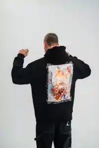 Erkek 3 İplik Pamuklu Kapüşonlu Baskılı Cepli Oversize Sweatshirt Hoodie - Siyah
