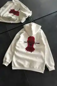 Kadın Kapüşonlu Kanguru Cepli Sweatshirt 3 İplik Pamuklu Baskılı Hoodie - Beyaz