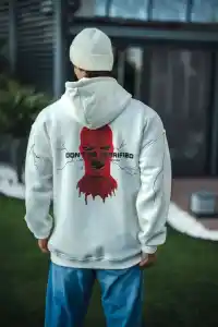 Erkek Kapüşonlu Kanguru Cepli Sweatshirt 3 İplik Pamuklu Baskılı Hoodie -  Beyaz